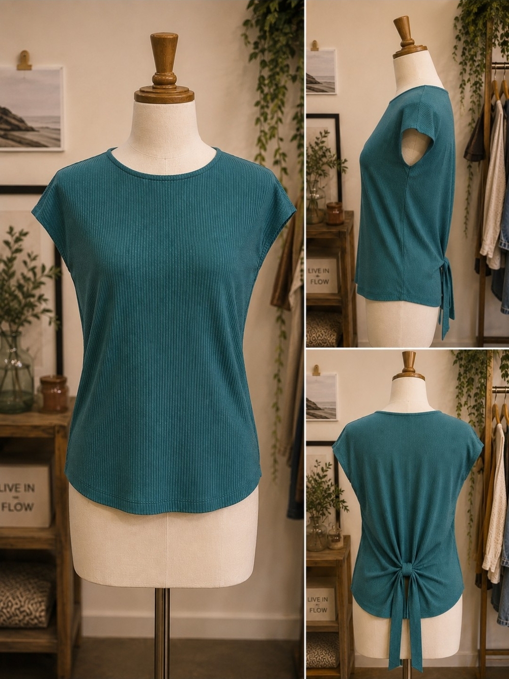 Worthington Teal Ribbed Tie-Back Scoop Neck Top